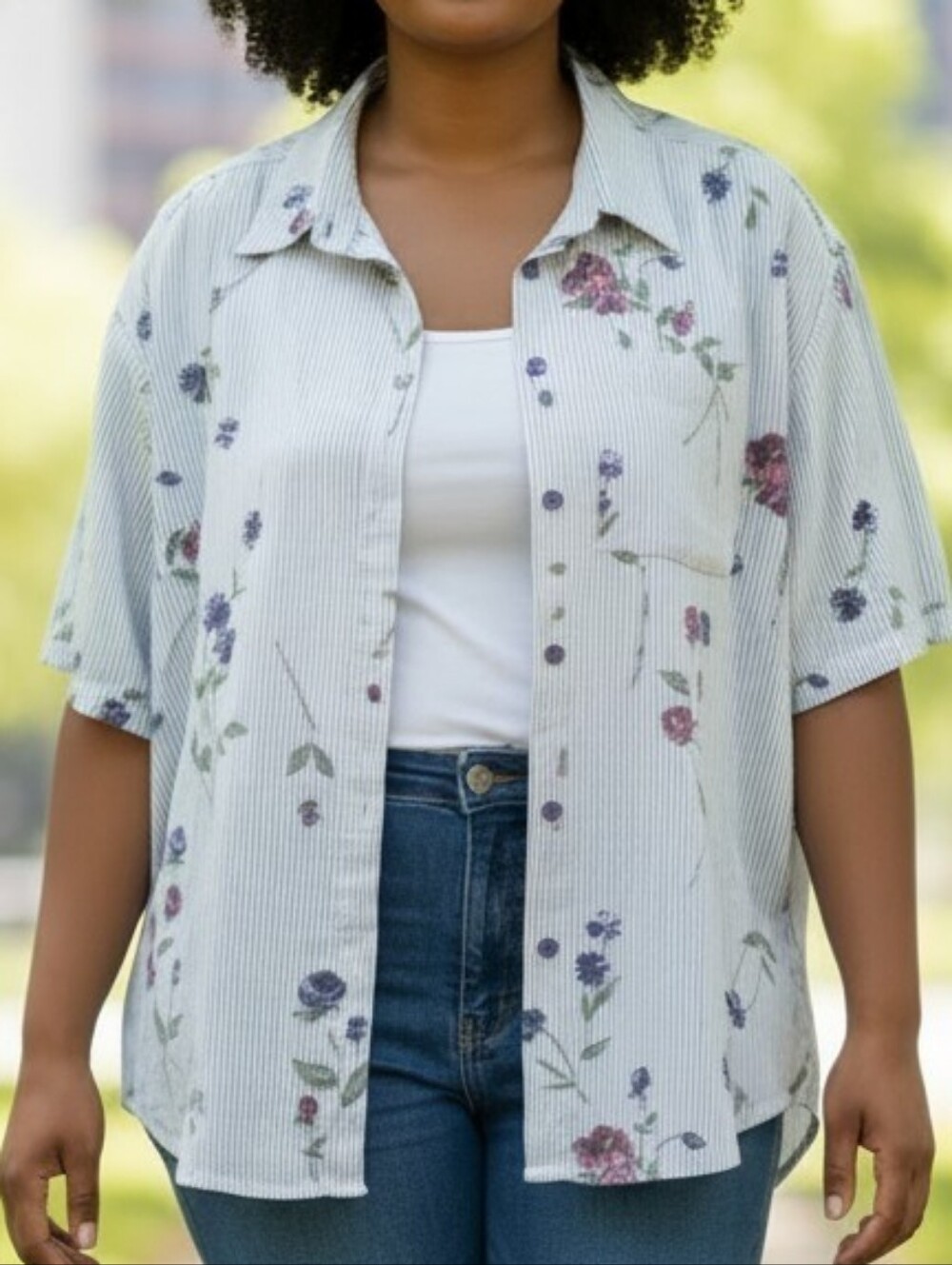 TAP & CO. Floral Stripe Button-Down Shirt - Blue/White
